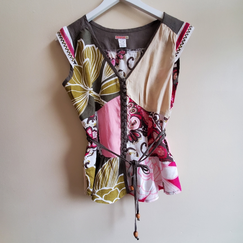 COPY - Vintage 100% Linen patchwork top with buttons and waist strings